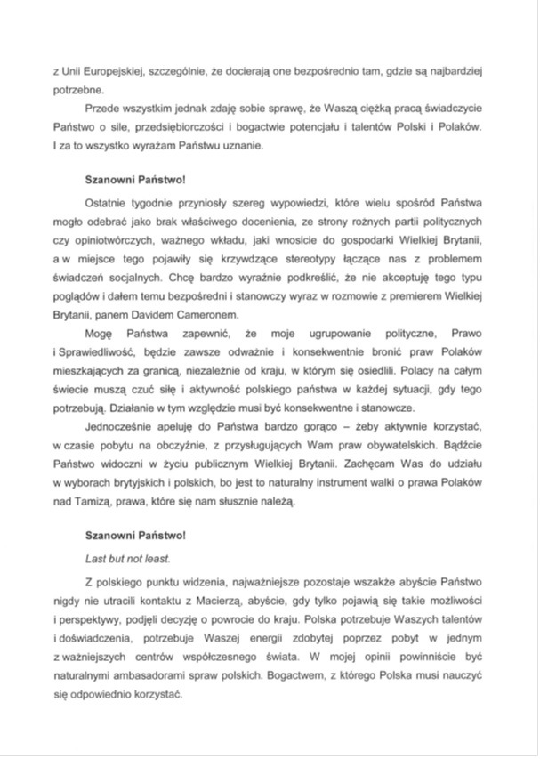 Treść listu Kaczyńskiego Jarosława do polonii brytyjskiej